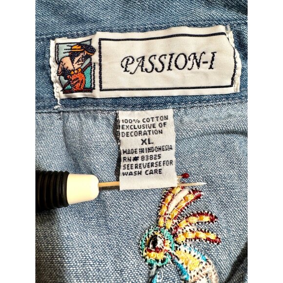Passion-I Embroidered Southwestern Denim Short Sleeve Bears Birds Shirt XL - Picture 5 of 5